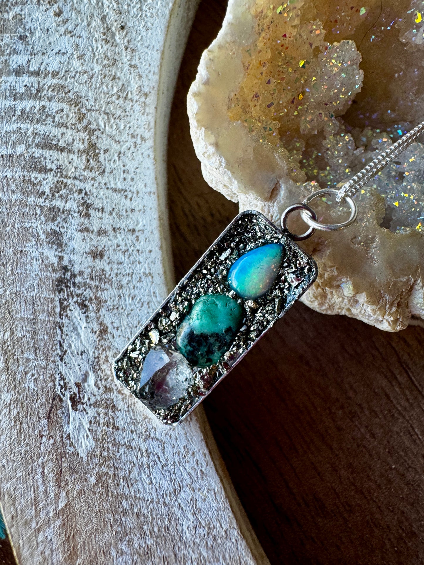 Opal, Raw Emerald, & Herkimer Diamond Necklace