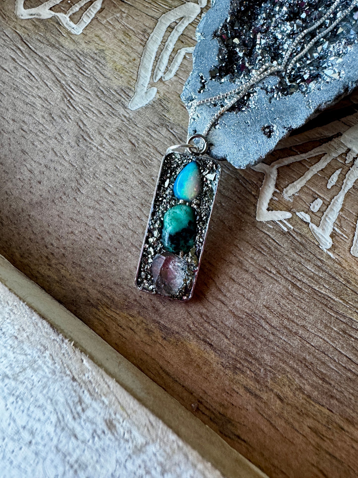 Opal, Raw Emerald, & Herkimer Diamond Necklace