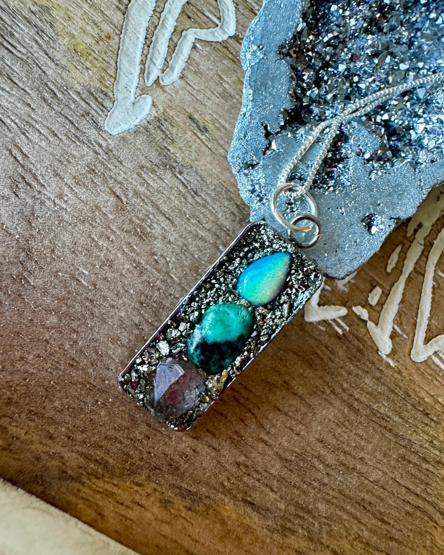 Opal, Raw Emerald, & Herkimer Diamond Necklace