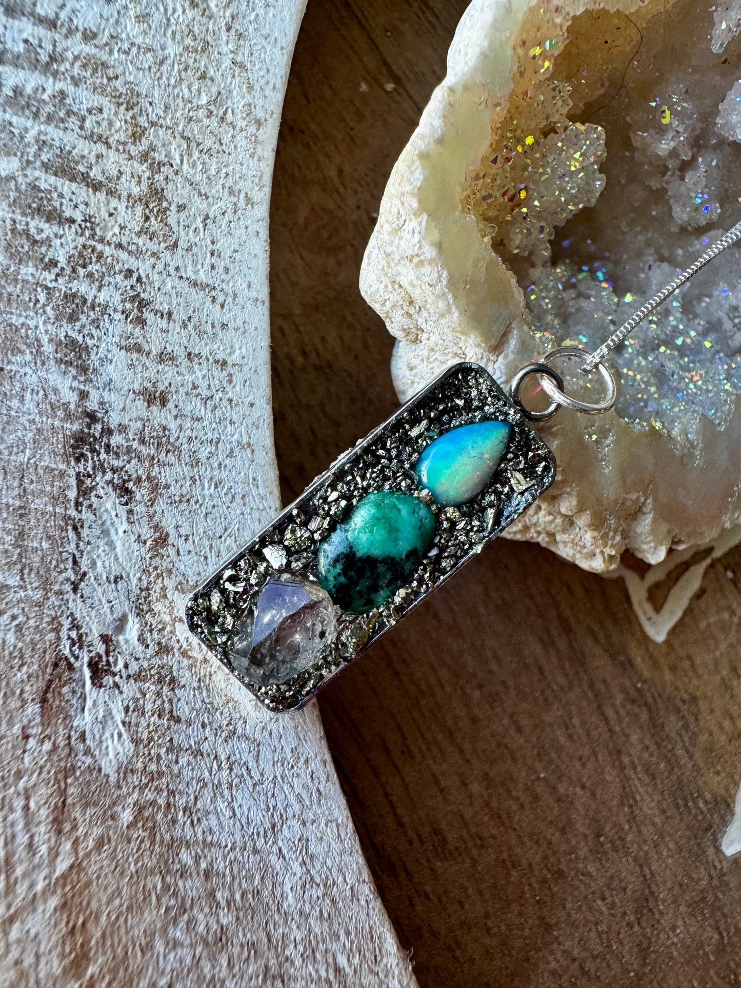 Opal, Raw Emerald, & Herkimer Diamond Necklace